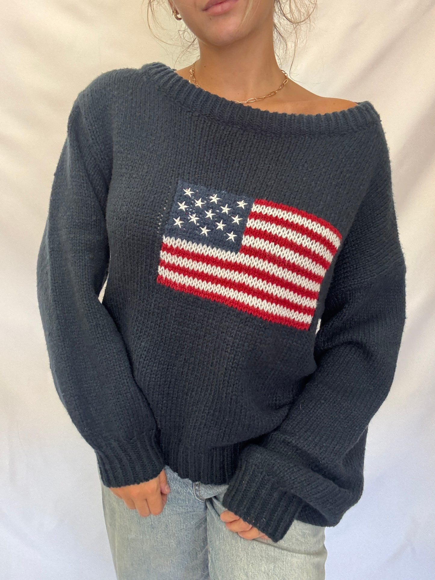 Off The Shoulder USA Flag Sweater