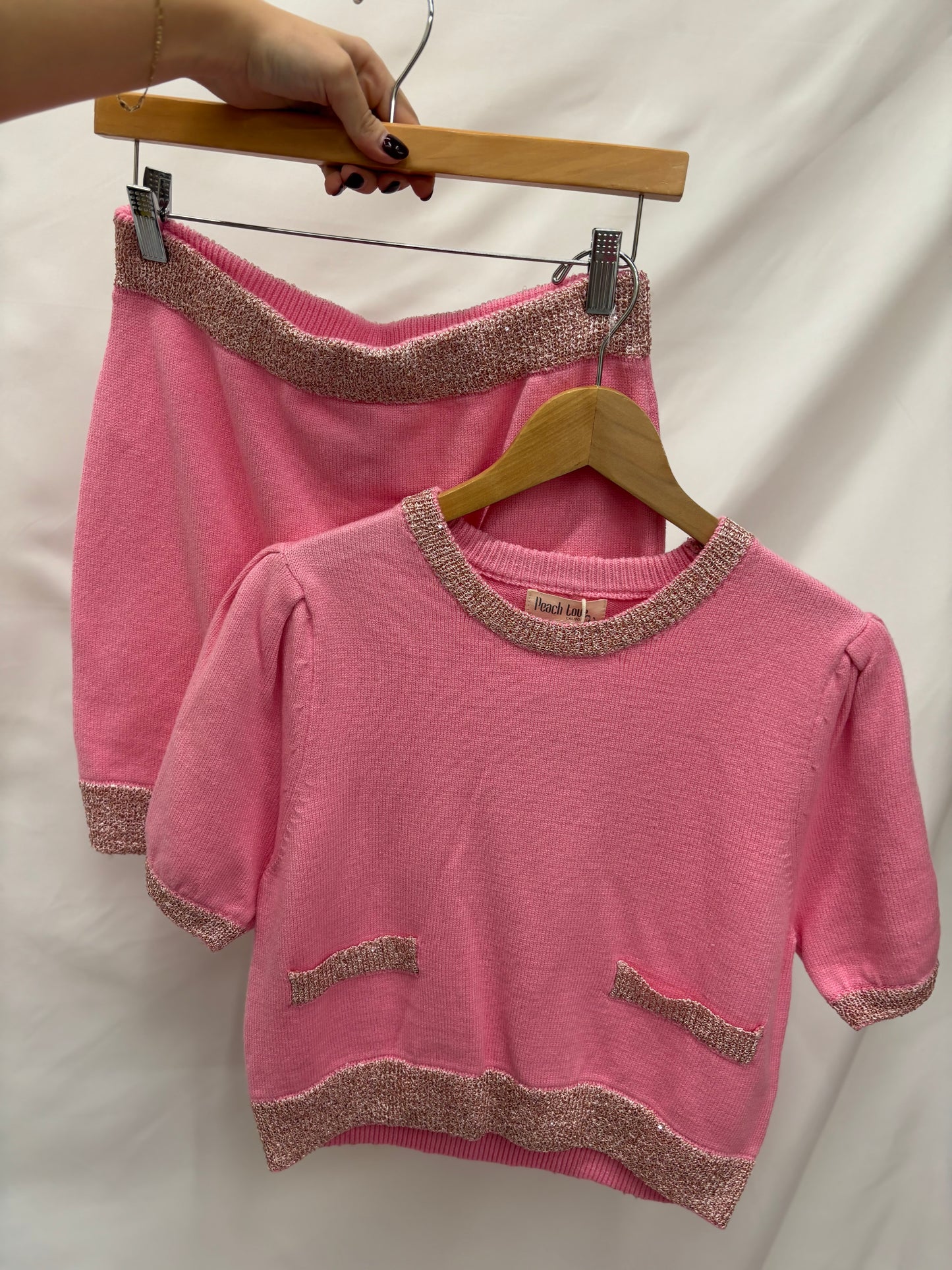 PINK skirt and short sleeve sweater set